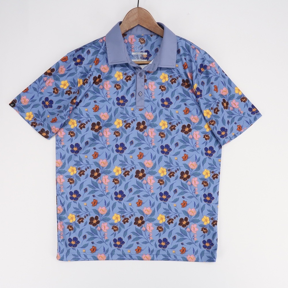 Swannies Polo Shirt Mens M Blue Floral Golf Performance Short Sleeve‎ Stretch